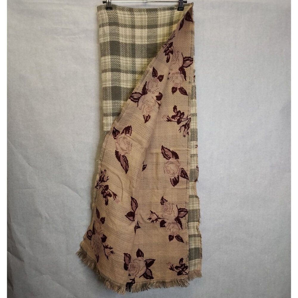 Lily Morgan Blanket Scarf Shawl Wrap Reversible Green Plaid Pink Floral Cottage